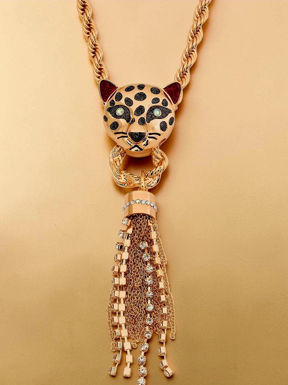 New Betsey Johnson Leopard Crystal Tassel Pendant Necklace Gold Tone 25 Inch NWT